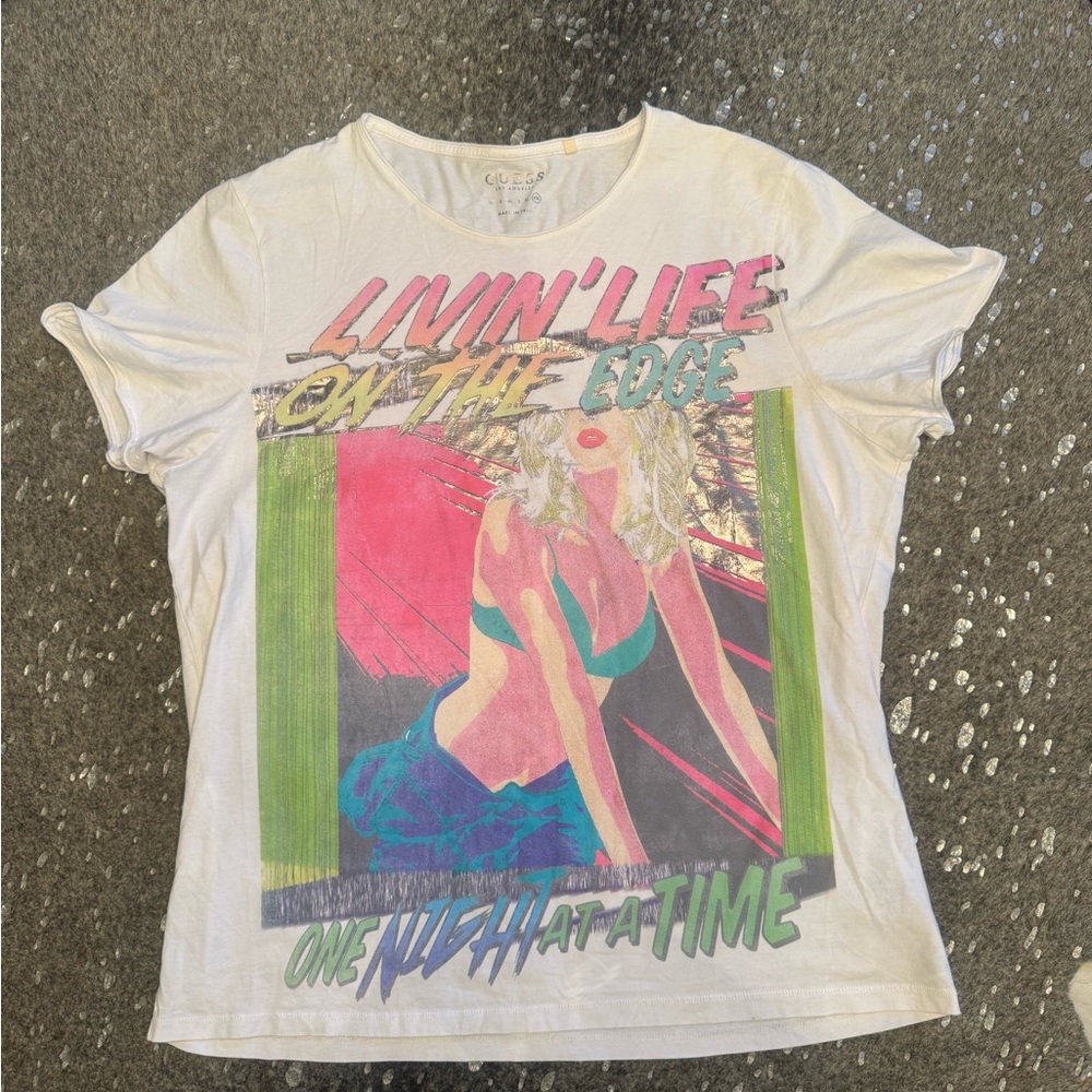 Guess White Graphic Tee with Pink, Green and Blue Print